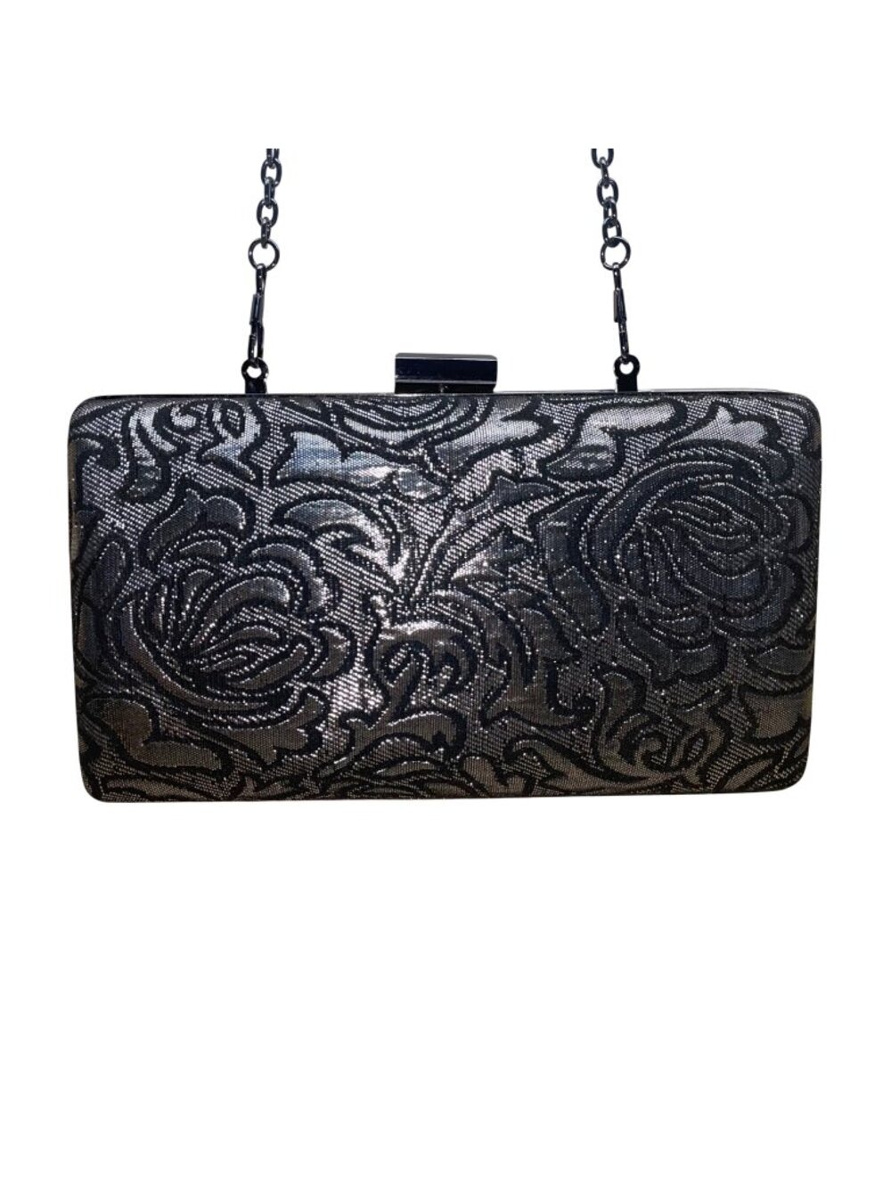 Jessica McClintock Women’s Black Rose Embossed With Chain Strap Evening Clutch P